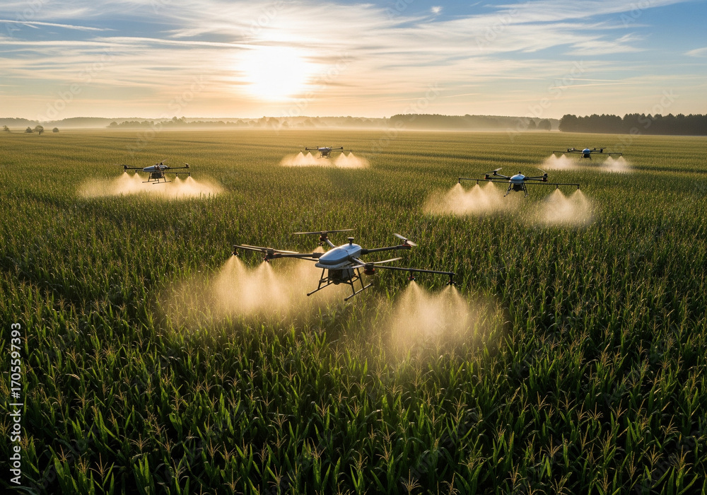 Fototapeta premium Drones spray crops in a vast green field at sunrise, showcasing modern agricultural technology.