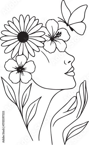 Grace in Bloom — Woman with Floral Spirit & Butterfly Touch Minimalist Silhouette Art