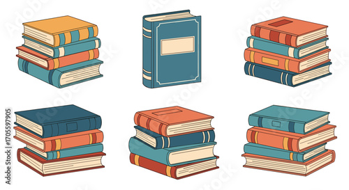 Collection of Stacked Books and Single Book Illustration.