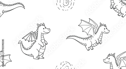 Cute Baby Dragons Seamless Pattern Black and White Illustration.