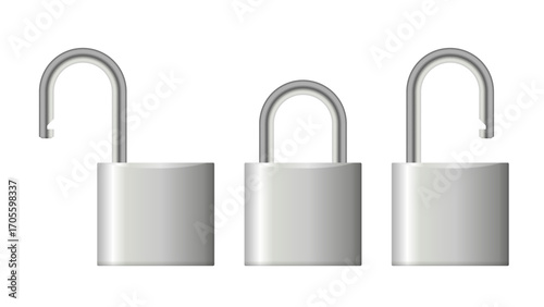 Metallic Padlock Set – Realistic 3D Silver Steel Locks with Shiny Effect, Open and Closed Chrome Padlocks Isolated on White Vector Illustration