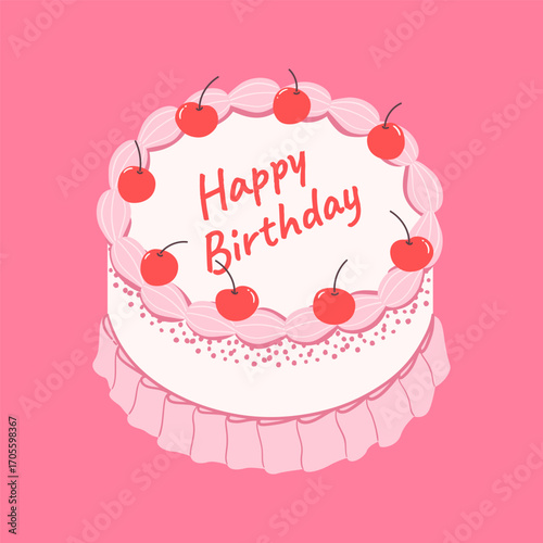 Vintage retro pink birthday cake for celebration, party, birthday cards design. Coquette aesthetic.