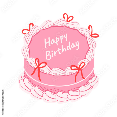 Vintage retro pink birthday cake for celebration, party, birthday cards design. Coquette aesthetic.