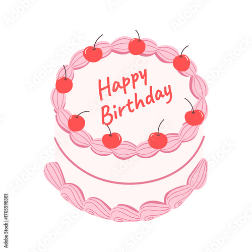 Vintage retro pink birthday cake for celebration, party, birthday cards design. Coquette aesthetic.