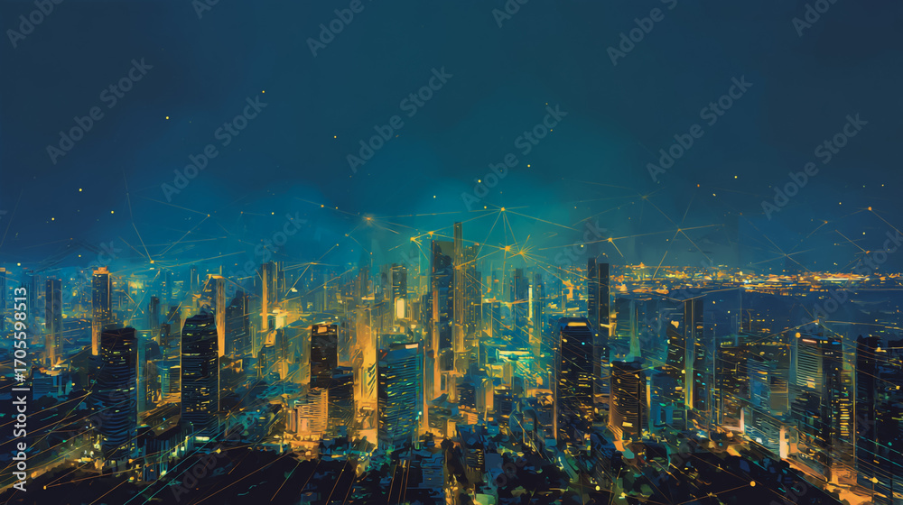 Obraz premium Twilight a city of modern business and smart digital innovation with a network of interconnected rewards over the cityscape of the future smart wireless digital city and social media network