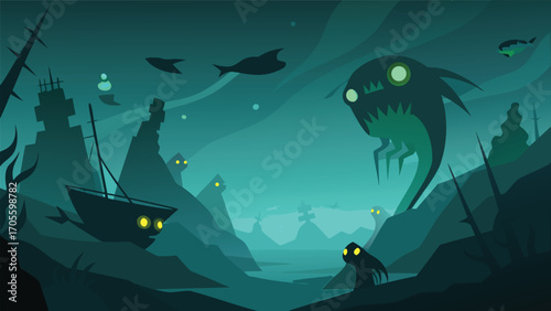 Mysterious bioluminescent deep sea creatures in eerie underwater abyss vector illustration
