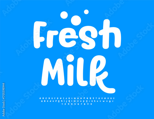 Vector Quality label Fresh Milk. Round White Font. Typography Modern Alphabet Letters and Numbers set