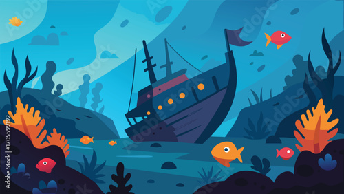 Hauntingly beautiful underwater shipwreck scene with colorful marine life vector illustration