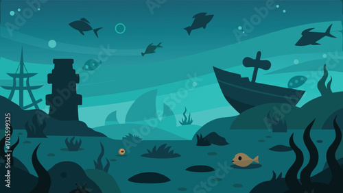 Haunting underwater graveyard vector illustration with shipwrecks and marine life