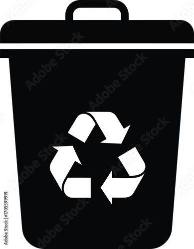 Black trash can icon with a white recycling symbol on its side, representing waste management and environmental responsibility.
