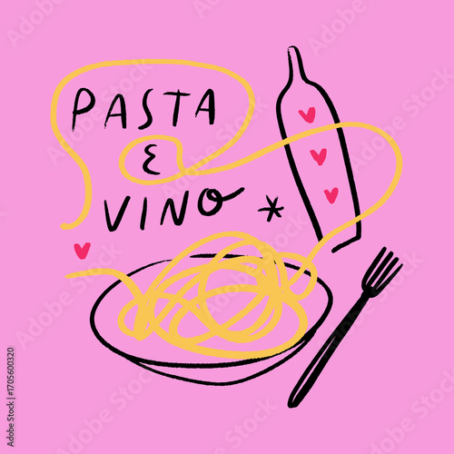 Pasta with wine bottle playful doodle illustration for food lovers vector clipart