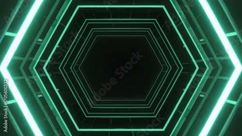 Futuristic Hexagon Neon Tunnel Glowing Geometric Corridor Background for Tech and Sci‑Fi Design