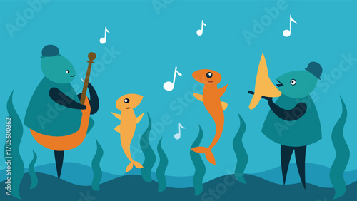 Whimsical underwater jazz band with fish musicians playing instruments in a coral reef