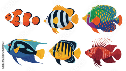 Vibrant collection of six colorful tropical reef fish swimming in clear ocean water