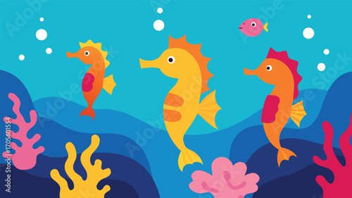 Whimsical underwater parade of colorful seahorses and coral reefs
