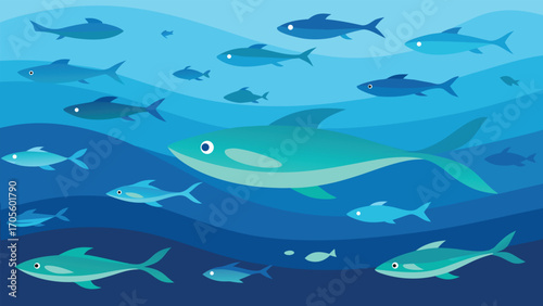 Vibrant underwater scene with schools of fish and a majestic whale illustration