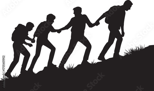 Hand in Hand Silhouette of Hikers Climbing Together