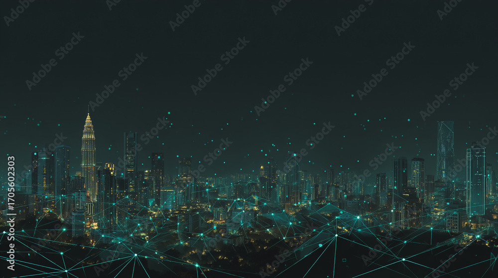 Fototapeta premium Twilight a city of modern business and smart digital innovation with a network of interconnected rewards over the cityscape of the future smart wireless digital city and social media network