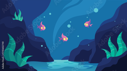 Magical underwater grotto with glowing sea creatures and coral reef landscape