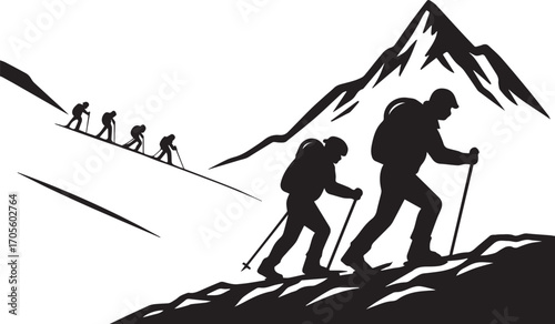 Trailbound Spirits – Silhouette of Hikers on Snowy Mountain Path