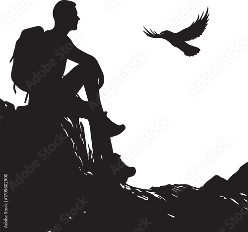 Silhouette of Whispers Above – Lone Hiker and the Bird of Stillness