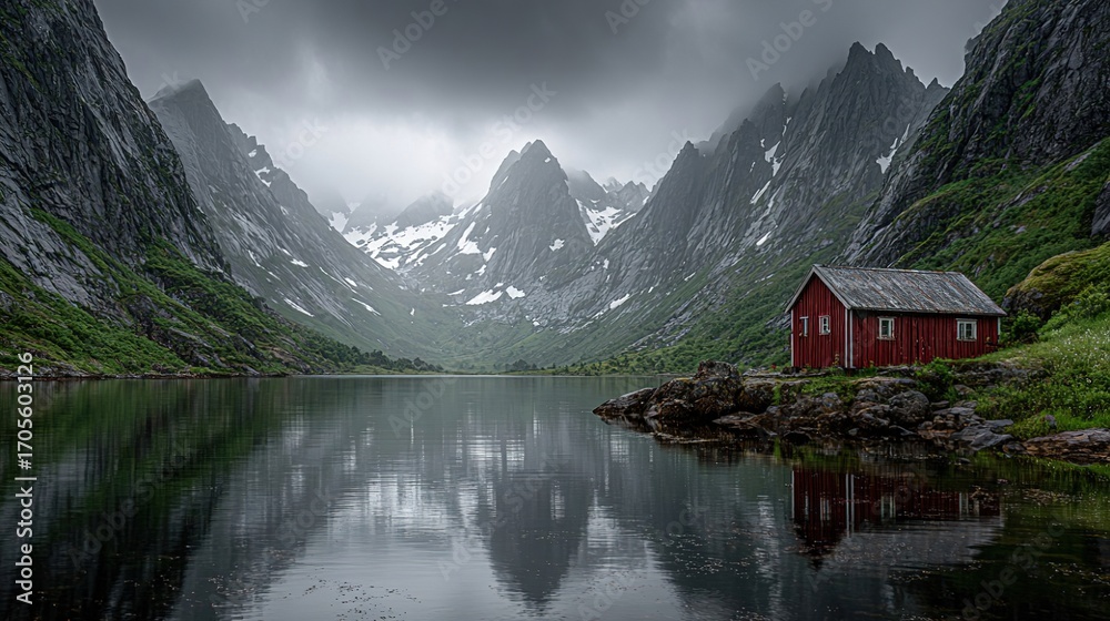 Fototapeta premium Norwegian Fjord Serenity: Steep Snow-Capped Mountains, Reflective Calm Waters, Red Cabin by the Shore, Vast and Peaceful Scenery