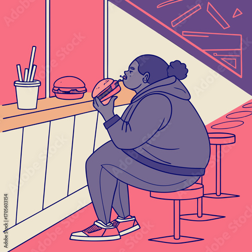 Plus size man eating hamburger in fast food.
