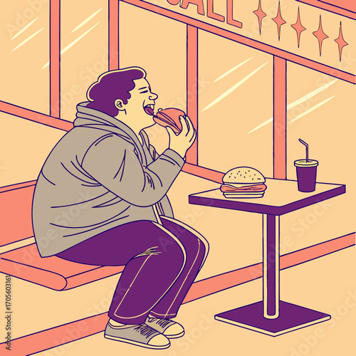 Plus size man eating hamburger in fast food.