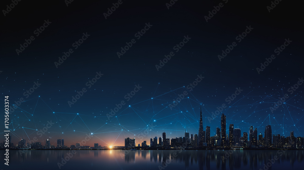 Fototapeta premium Twilight a city of modern business and smart digital innovation with a network of interconnected rewards over the cityscape of the future smart wireless digital city and social media network