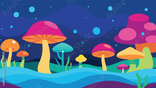 Magical underwater landscape with vibrant glowing mushrooms and stars