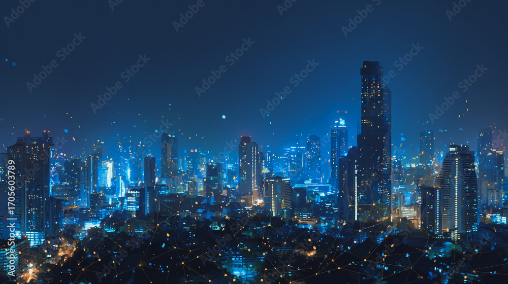 Naklejka premium Twilight a city of modern business and smart digital innovation with a network of interconnected rewards over the cityscape of the future smart wireless digital city and social media network