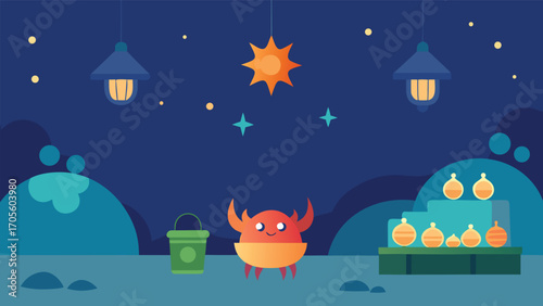 Whimsical underwater market scene with starfish and colorful lanterns in a magical night sky