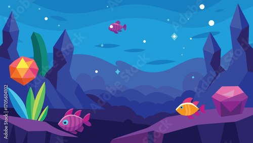 Magical underwater landscape vector illustration with coral reefs and fish
