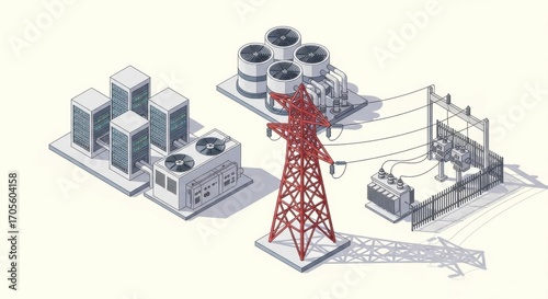 Isometric depiction of a digital data center powered by green energy sources