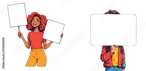 Vsai young activists holding blank protest signs, promoting social change and awareness