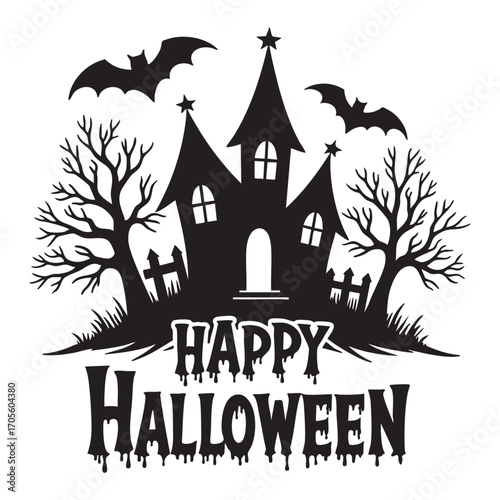 Spooky black and white Halloween greeting card design with haunted house and eerie font