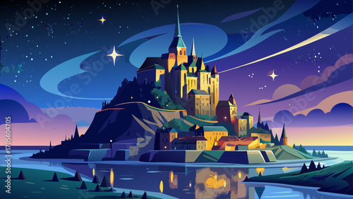 Mont Saint-Michel in France rises majestically from tidal sands, its illuminated abbey shimmering like a beacon of history beneath a clear star-filled night sky.