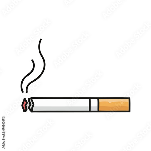 Isolated vector illustration of a lit cigarette with smoke. A simple cartoon icon representing tobacco, nicotine addiction, and the habit of smoking