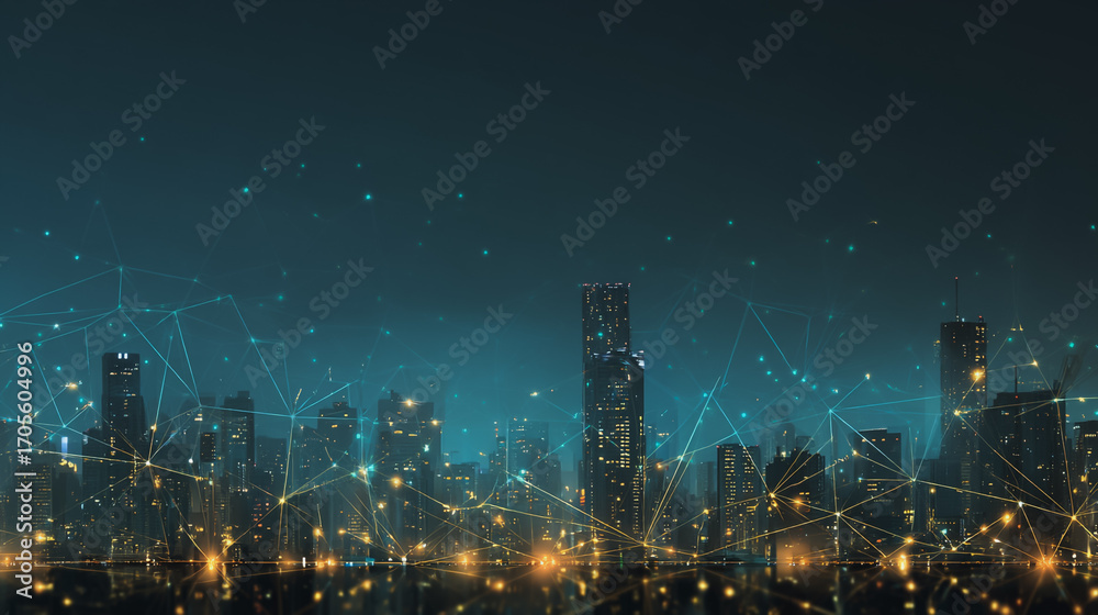 Naklejka premium Twilight a city of modern business and smart digital innovation with a network of interconnected rewards over the cityscape of the future smart wireless digital city and social media network