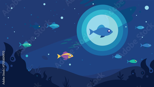 Magical underwater moonlit night schools of fish vector illustration scalable eps icon