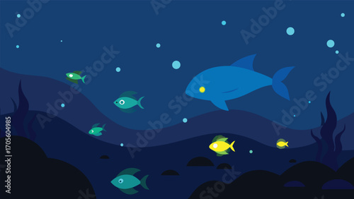 Magical underwater moonlit night scene with glowing flora fauna and silvery bubbles vector illustration