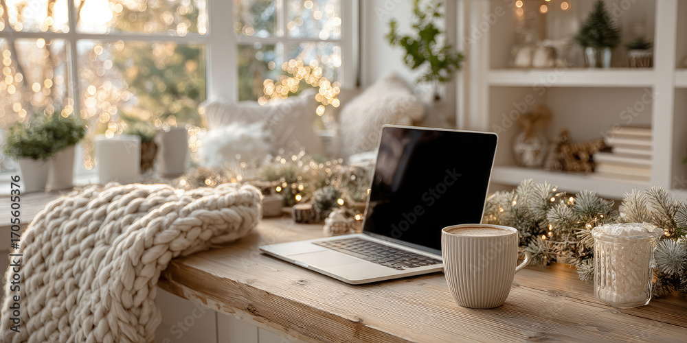 Obraz premium Wooden home workplace with laptop, cappuccino, christmas decoration, cozy blanket, knitted plaid, pillows, christmas lights enjoying winter holidays