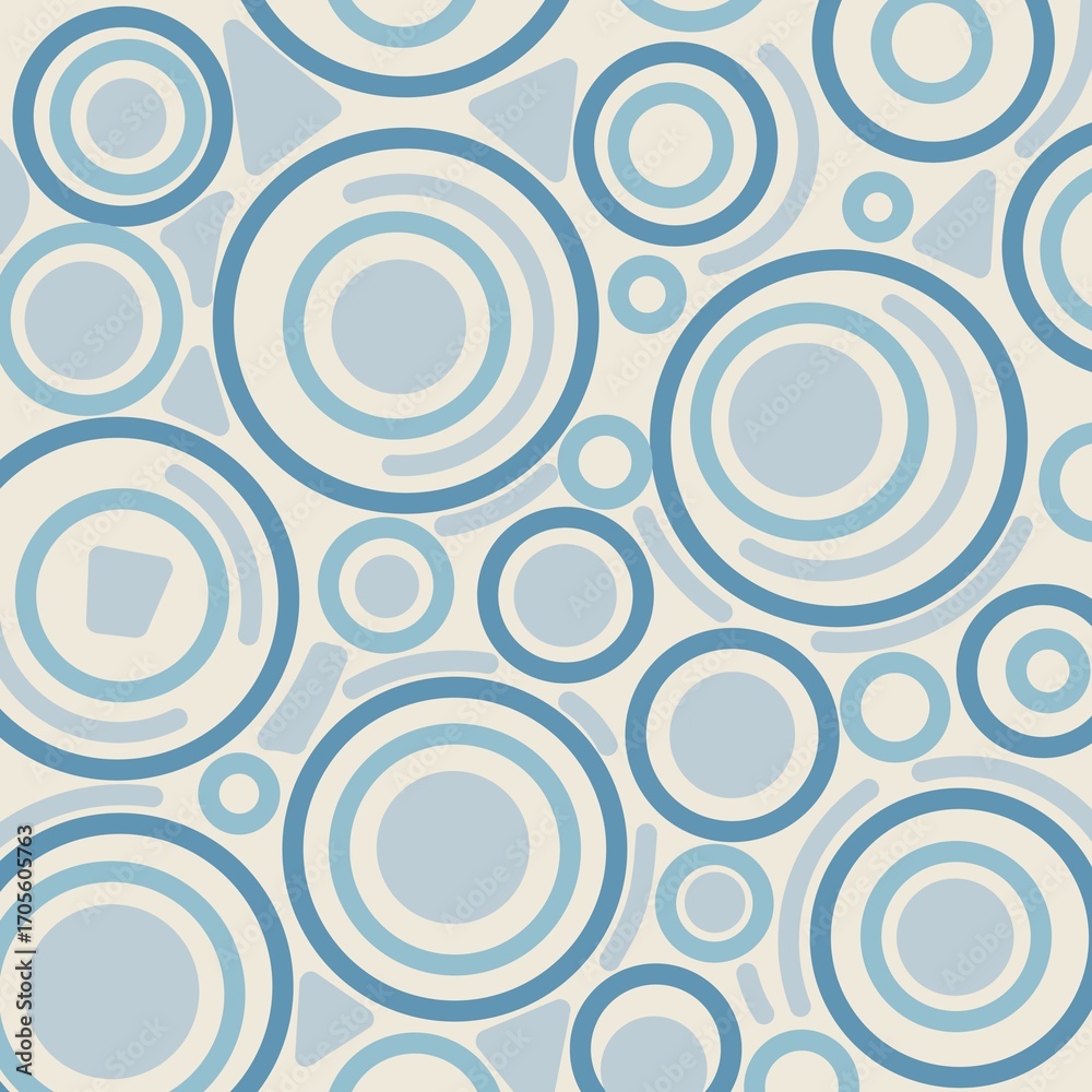 Fototapeta premium A seamless geometric pattern with a modern design of randomly sized, interlocking circles and abstract shapes in shades of blue on a beige background