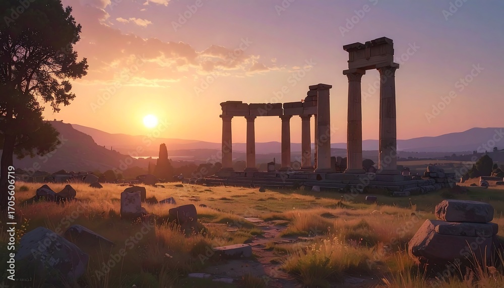 Fototapeta premium A digital painting depicting ancient columns bathed in golden light at sunset, with hills and grassy fields