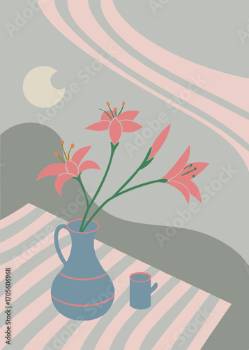The image is a painting of three pink lilies in a blue vase. The vase is placed on a pink and blue striped tablecloth. The lilies are in full bloom with their petals open wide and their stamens point