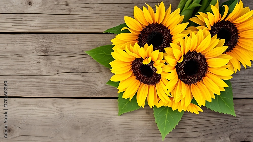 Fototapeta premium Sunflower bouquet on a rustic wooden surface with warm directional lighting.