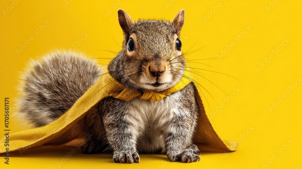 Obraz premium Playful Squirrel in Vibrant Superhero Cape Against a Sunny Yellow Background, Perfect for Branding and HighEnergy Campaigns Inspires Joy and Energy.