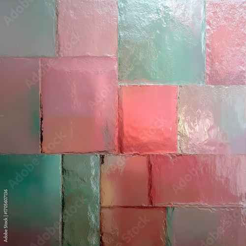 abstract with layered frosted glass squares gradient from mint to coral, subtle glint of light, smooth transitions, soft background blur