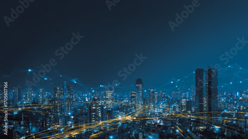 Wallpaper Mural  Twilight a city of modern business and smart digital innovation with a network of interconnected rewards over the cityscape of the future smart wireless digital city and social media network Torontodigital.ca