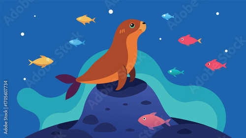 Majestic sea lion balancing on a rock surrounded by colorful fish underwater vector illustration